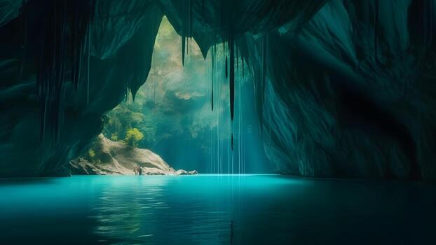 AI generated view from deep within a cave of a turquoise blue lake, neural network generated image photo