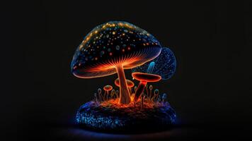 AI generated glowing magic mushroom on black background, neural network generated art photo