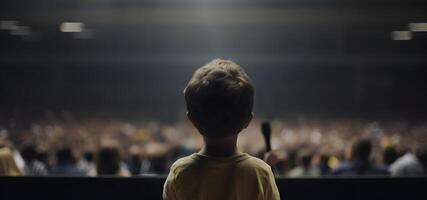 ai generado pequeño niño da un habla en etapa en frente de miles personas multitud, ver desde detrás, neural red generado imagen foto