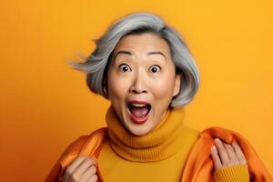 AI generated Surprised Asian woman on yellow background. Neural network generated photorealistic image. photo