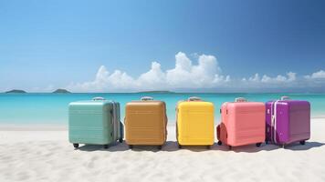 AI generated few modern suitcases on tropical resort beach at sunny day, neural network generated art photo