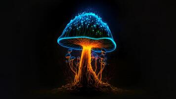 AI generated glowing magic mushroom on black background, neural network generated art photo