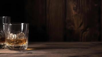 ai generado whisky en rocas en vaso en rústico de madera antecedentes con Copiar espacio, neural red generado imagen foto