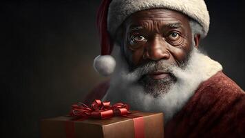 ai generado africano americano Papa Noel claus con regalo caja, cerca retrato con Rembrandt Encendiendo, neural red generado Arte foto