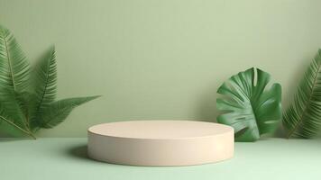 AI generated Empty space podium in front of matte pastel green wall for product placement, neural network generated image photo