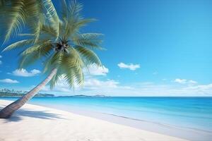 ai generado tropical playa ver a soleado día con blanco arena, turquesa agua y palma árbol, neural red generado imagen foto