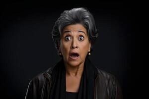 Surprised gray-haired Latin American woman on black background. Neural network generated photorealistic image. photo