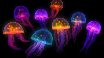 AI generated glowing sea jellyfishes on dark background, neural network generated image photo