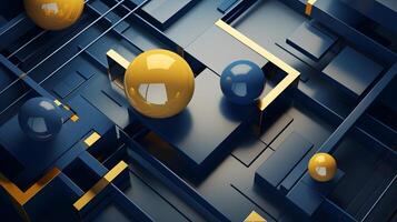 AI generated abstract background of 3D photorealistic gloss spheres and cuboid shapes in blue and yellow colors, neural network generated image photo