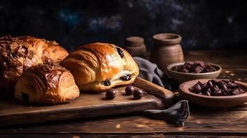 ai generado recién horneado dulce cuerno soplo Pastelería bollos con chocolate en de madera junta, neural red generado imagen foto