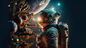 AI generated unrecognizable astronaut near decorated christmas tree, neural network generated art photo