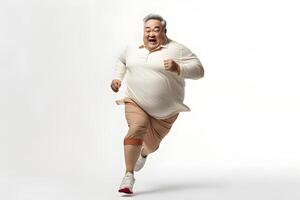 AI generated Overweight senior Asian man running on white background, concept of overweight and weight loss. Neural network generated photorealistic image photo