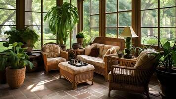 AI generated A charming sunroom with wicker furniture, tropical plants, and a view of the garden, botanical decor, natural light, neural network generated photorealistic image photo