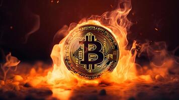 ai generado bitcoin en fuego, neural red generado fotorrealista imagen foto