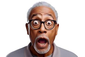 AI generated Surprised African American man with glasses on white background. Neural network generated photorealistic image. photo