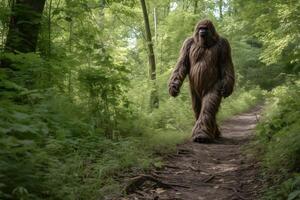 AI generated bigfoot in the woods walking at day time, neural network generated photorealistic image photo