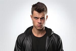 AI generated Sulking young adult Caucasian man, head and shoulders portrait on white background. Neural network generated photorealistic image. photo