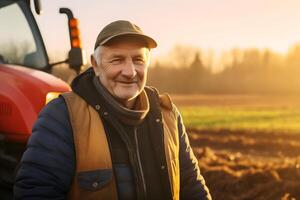 AI generated Farmer in the middle of his plowing field in spring, in the early morning. Neural network generated photorealistic image photo