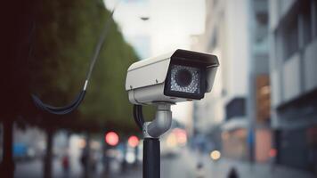 ai generado moderno cctv cámara en un ciudad calle cerca arriba con selectivo atención a tiempo de día, neural red generado imagen foto