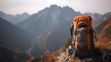 AI generated Big hiking and trekking backpack with blurred mountains in the background, neural network generated picture photo