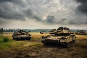 AI generated western tanks on Ukrainian battlefields, neural network generated image photo