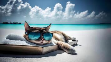 AI generated tabby cat with sunglasses laid on tropical beach, neural network generated art photo