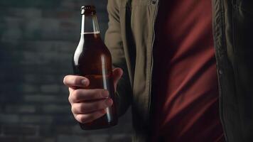 AI generated close up of caucasian man holding a brown bottle of beer in his hand on black background, neural network generated photorealistic image photo