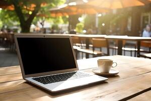 AI generated Laptop computer with blank screen on table of public cafe at summer day, neural network generated image photo