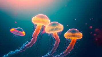 ai generado brillante mar medusas en oscuro fondo, neural red generado Arte foto