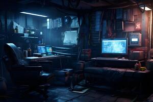 AI generated Messy and dark cyberpunk hacker hideout room. Neural network generated image photo