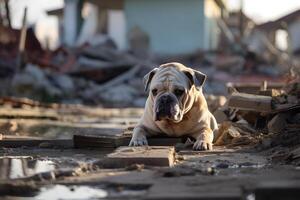 AI generated alone wet and dirty bulldog after disaster on the background of house rubble, neural network generated image photo
