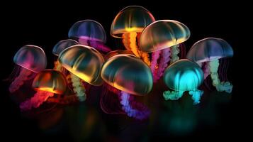 AI generated glowing sea jellyfishes on dark background, neural network generated image photo