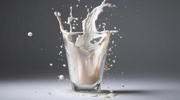 AI generated glass of milk with crown of splashes on grey background, neural network generated image photo