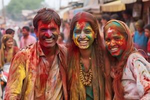 ai generado sonriente gente, de colores contento caras con vibrante colores durante el celebracion de el holi festival en India. neural red generado imagen foto