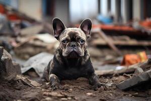 AI generated alone and hungry French Bulldog after disaster on the background of house rubble, neural network generated image photo