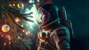 AI generated caucasian male astronaut stands next to decorated christmas tree, neural network generated art photo