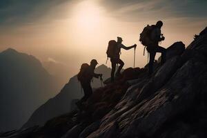 ai generado caminantes alpinismo en montaña. ayuda, riesgo y apoyo concepto. neural red generado imagen foto