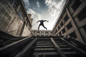 ai generado joven parkour y de funcionamiento libre atletismo prueba en un urbano medio ambiente con un azul cielo en el fondo, neural red generado Arte foto