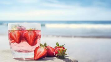 AI generated A glass of strawberries cold refreshing drink on sea background at sunny summer day, neural network generated image photo