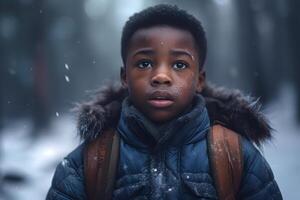 AI generated African American boy lost in forest at winter evening, neural network generated photorealistic image photo