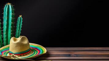 AI generated Cinco de Mayo holiday background with Mexican cactus, sombrero hat on wooden surface, neural network generated image photo