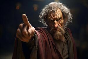 AI generated Medieval man on dark background points finger at you, neural network generated image photo