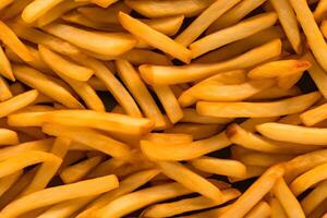 AI generated seamless texture and full-frame background of piled French fries, neural network generated image photo