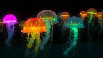 AI generated glowing sea jellyfishes on dark background, neural network generated image photo