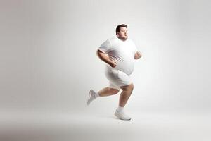 ai generado exceso de peso joven adulto caucásico hombre corriendo en blanco fondo, concepto de exceso de peso y peso pérdida. neural red generado fotorrealista imagen foto