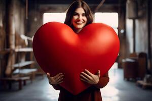 AI generated Caucasian brunette woman holding big red heart indoors, neural network generated photorealistic image photo