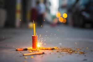 AI generated Happy Diwali - Lit diya lamp on street with firecrackers, neural network generated photorealistic image photo