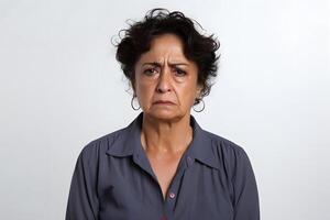 ai generado triste llorando mayor latín americano mujer retrato en blanco antecedentes. neural red generado fotorrealista imagen foto