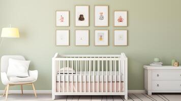 AI generated Bright white minimalist nursery wall with frames above cradle, neural network generated image photo