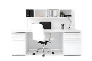 ai generado oficina lugar de trabajo escritorio en frente de vacío silla en blanco fondo, neural red generado imagen foto